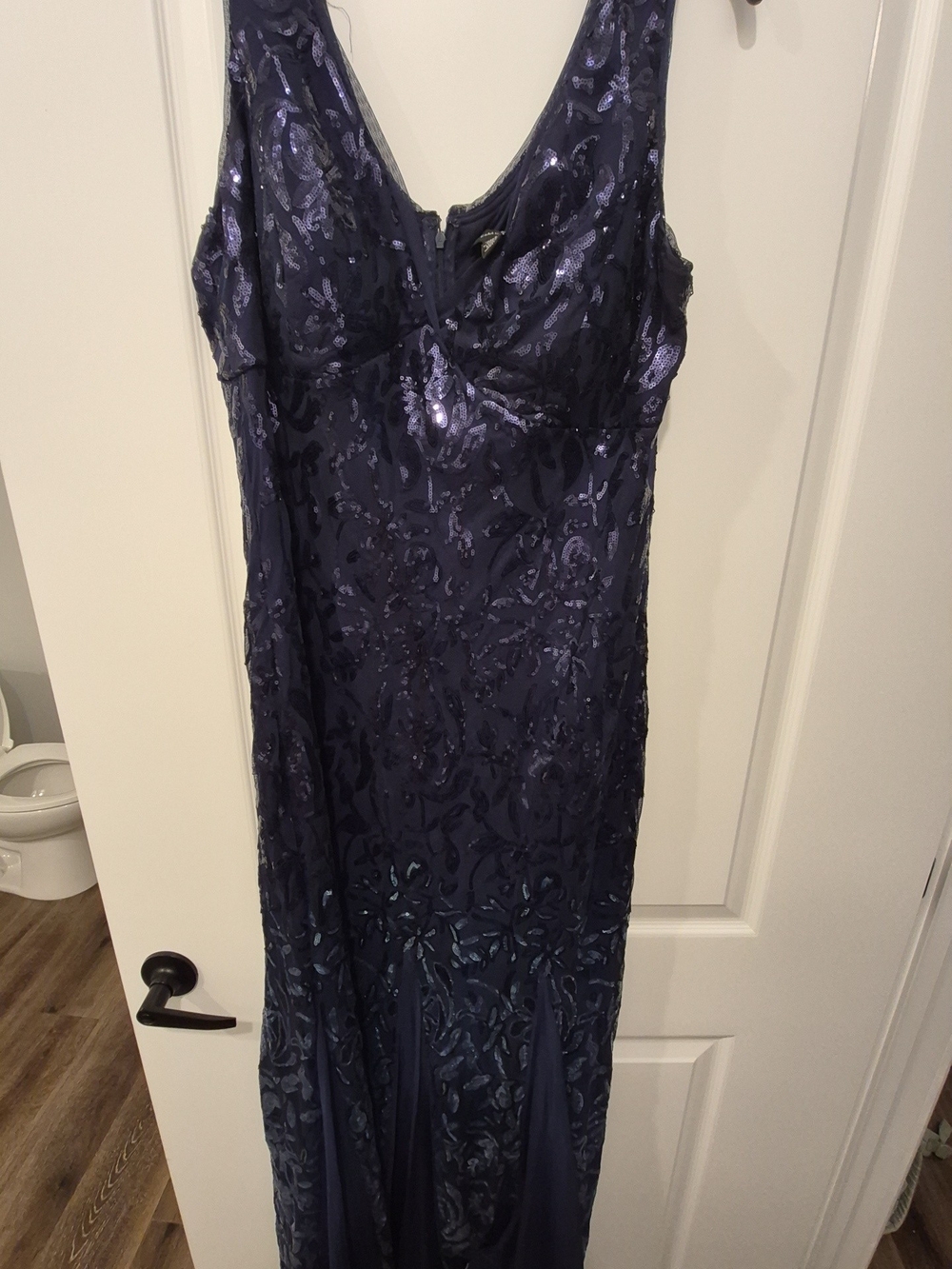 R&M Richards Navy Sequin Sleeveless V-Neck Gown